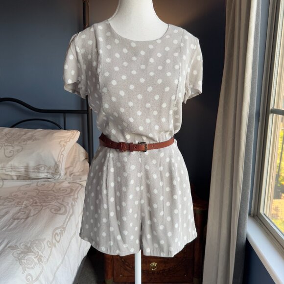 Super Cute Greige & White Polka Dot Shorts Romper - Picture 1 of 11
